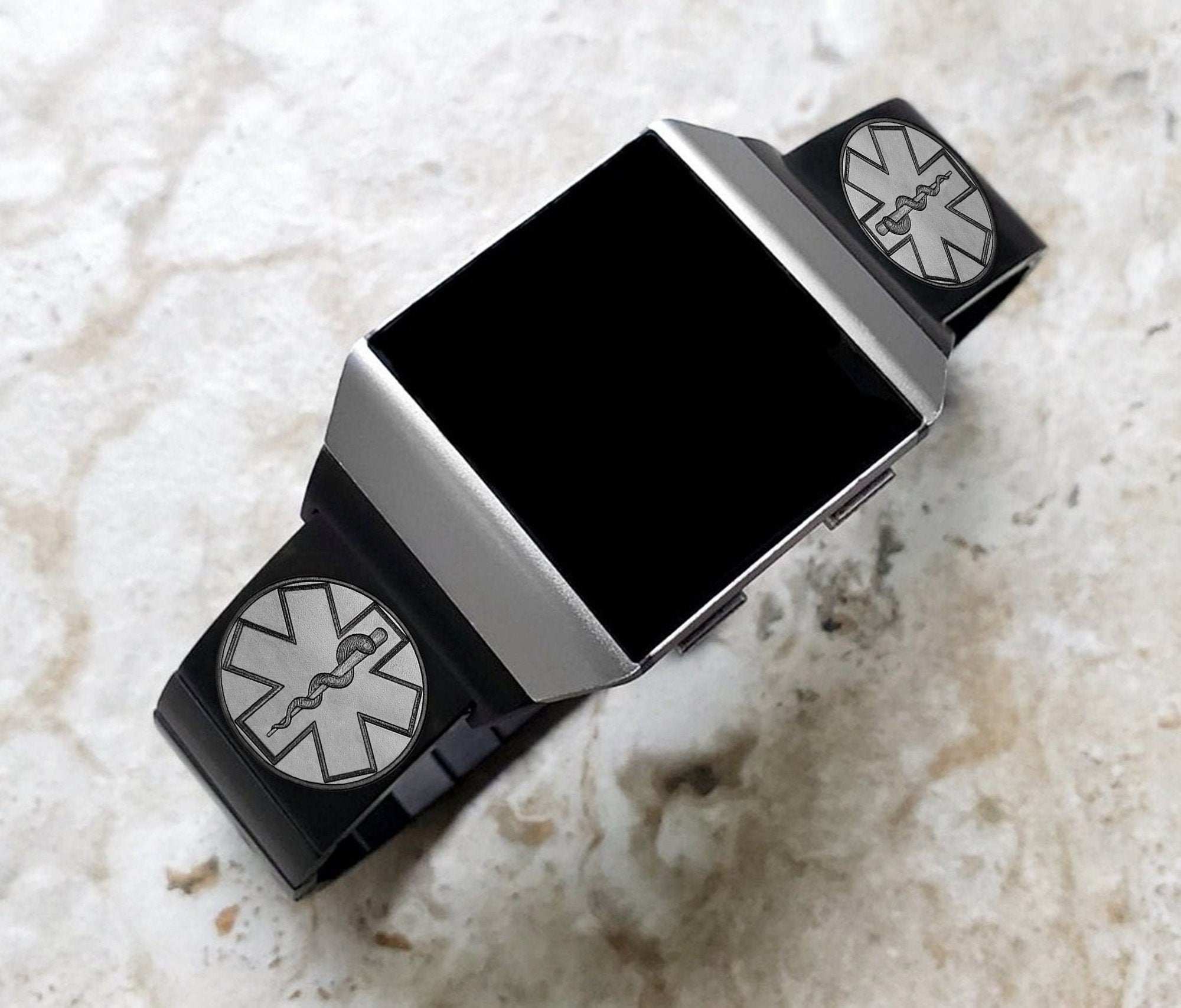 Engraved Watch Band Compatible with Fitbit Ionic Smartwatches Black Color Stainless Steel Strap Bracelet with Quick Release Adapters MS2